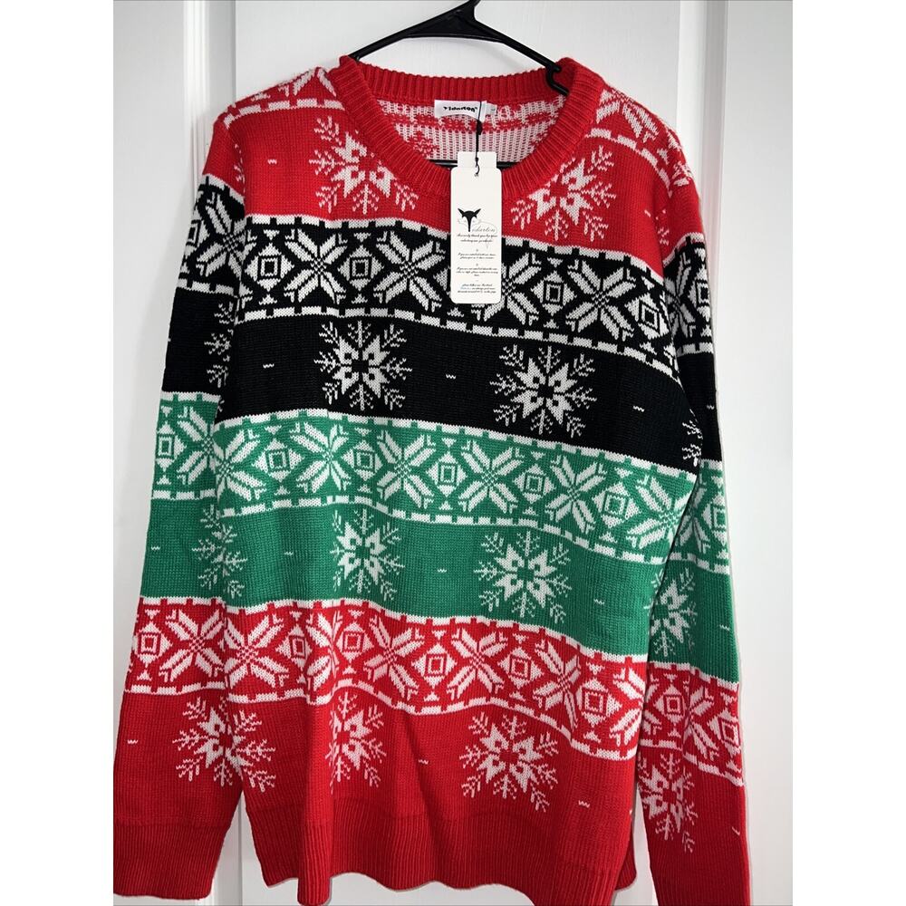 NWT Yidarton Men Size Large Christmas Snowflake Acrylic Sweater, Red Green Black